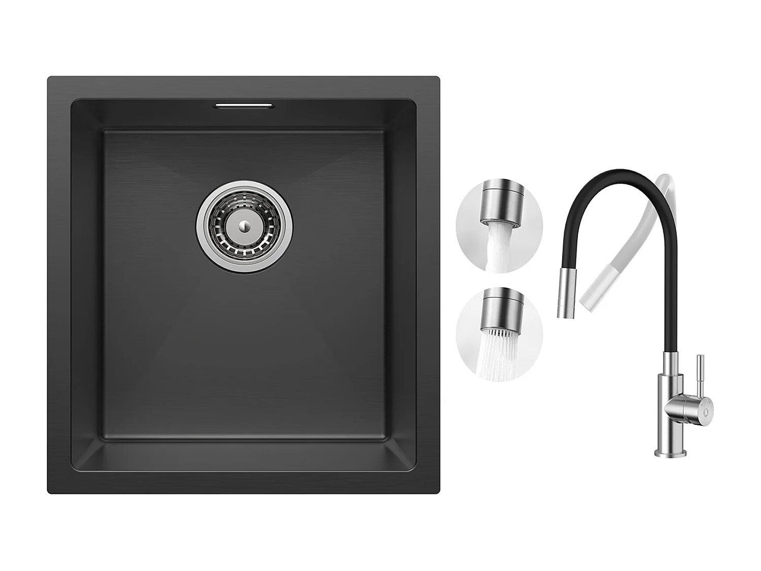 CECIPA MAX 1 spoelbak in zwart roestvrij staal onderbouw spoelbak 40*44cm + flexibele keukenmengkraan, 2 soorten sprays geborstelde uittrekbare kraan