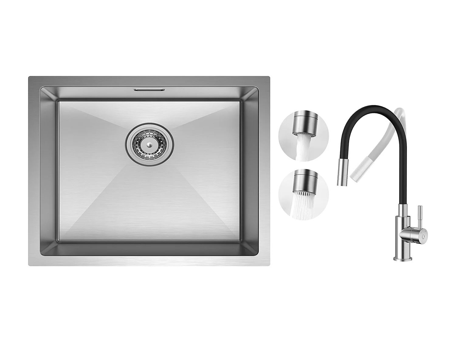 CECIPA MAX  Évier 1 Bac 50*44cm Évier de Cuisine en Inox Brossé + Flexible Mitigeur de Cuisine, 2 Types de Jets  Robinet Extractible Brossé