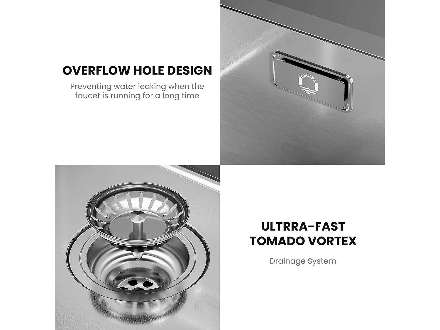 CECIPA MAX  Évier 1 Bac 50*44cm Évier de Cuisine en Inox Brossé + Flexible Mitigeur de Cuisine, 2 Types de Jets  Robinet Extractible Brossé