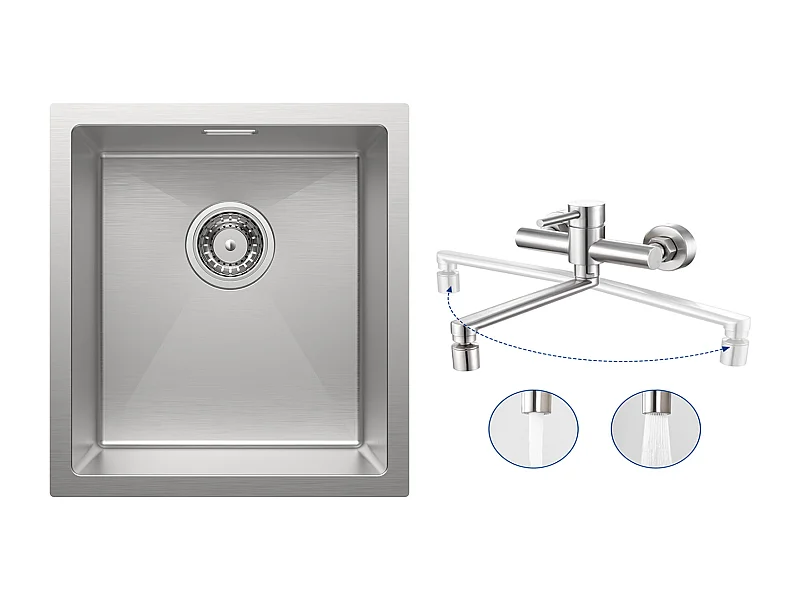 Cecipa MAX Évier de Cuisine 1 Bac 40x44x19 cm Évier Inox Brossé + Mitigeur de Cuisine Mural avec 2 Jets Brossé