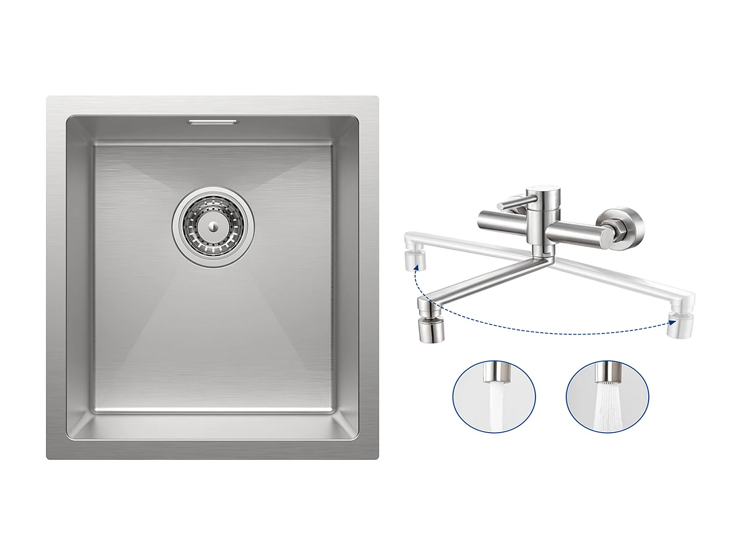 Cecipa MAX Évier de Cuisine 1 Bac 40x44x19 cm Évier Inox Brossé + Mitigeur de Cuisine Mural avec 2 Jets Brossé