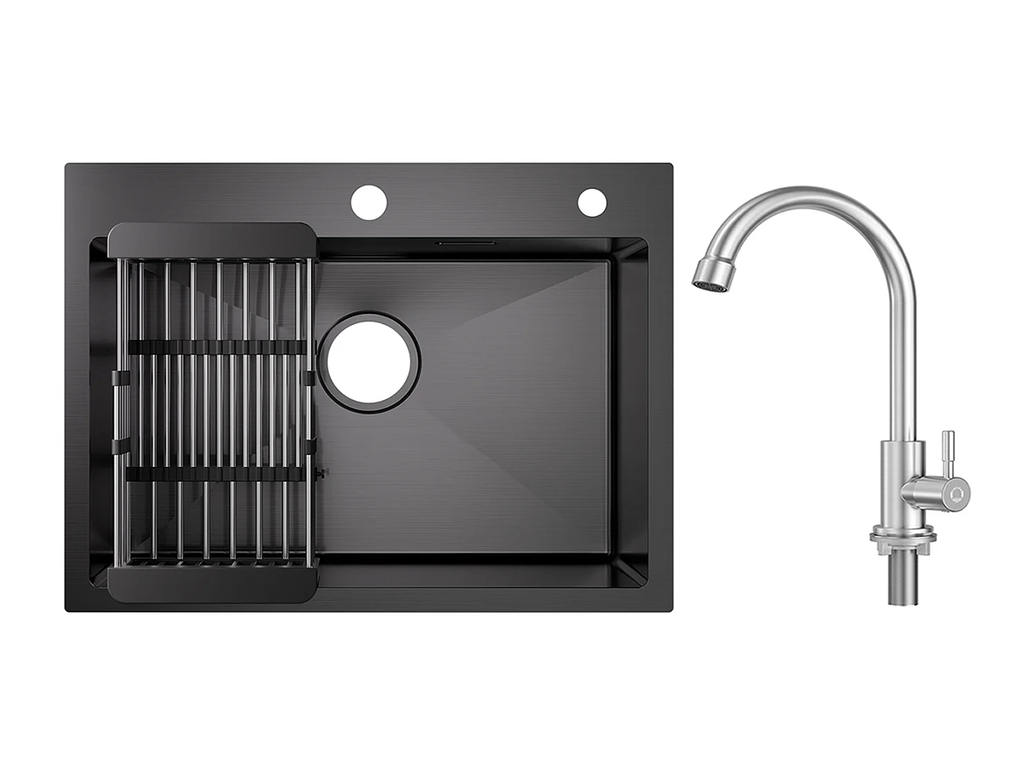 Évier Cuisine 1 Bac 60×45×18CM Évier Inox Noir avec Panier de Drainage + Robinet de Cuisine à eau Froide,Brossé
