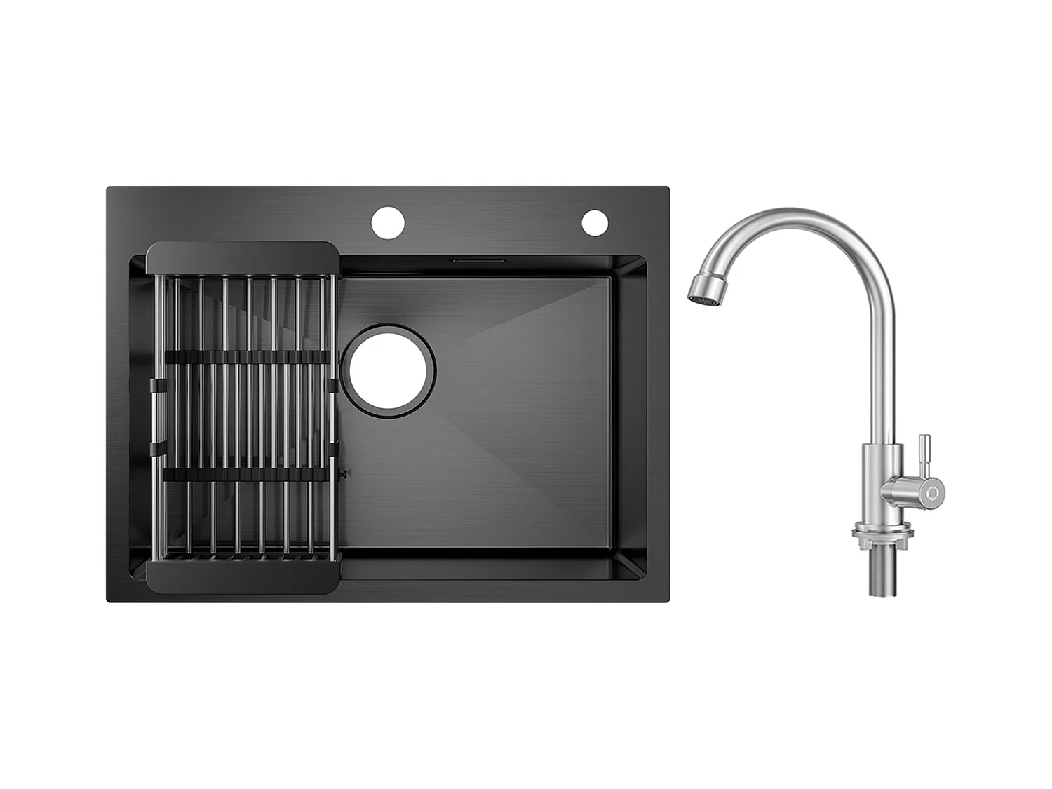 Évier Cuisine 1 Bac 60×45×18CM Évier Inox Noir avec Panier de Drainage + Robinet de Cuisine à eau Froide,Brossé