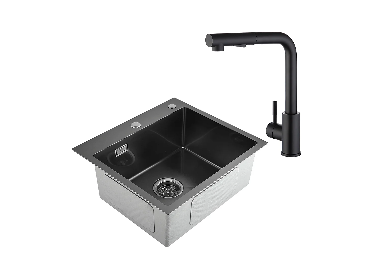 Cecipa max 2 en 1 Évier de Cuisine Noir gris 50 x 45 x 18,5 cm + Robinet de Cuisine Inox Extractible Noir