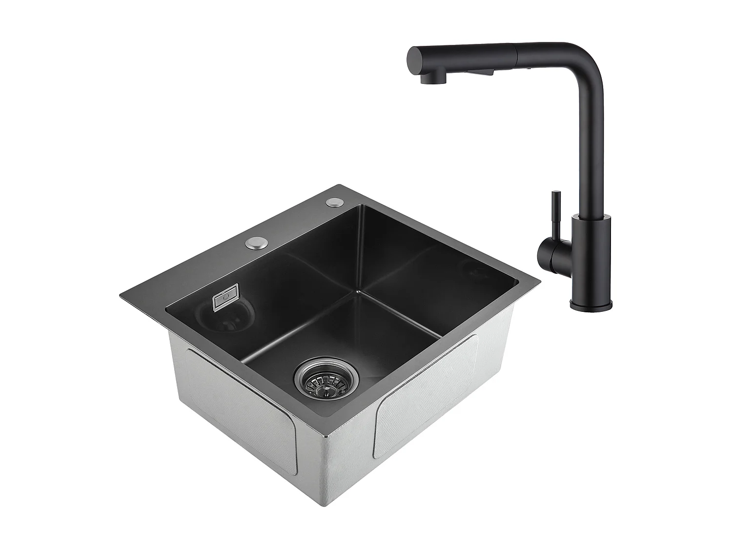 Cecipa max 2 in 1 Keukenspoelbak Zwart Grijs 50 x 45 x 18,5 cm + Zwarte Uittrekbare RVS Keukenkraan