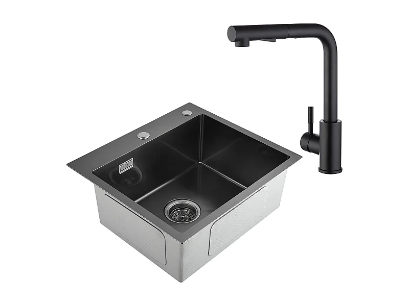 Cecipa max 2 in 1 Keukenspoelbak Zwart Grijs 50 x 45 x 18,5 cm + Zwarte Uittrekbare RVS Keukenkraan