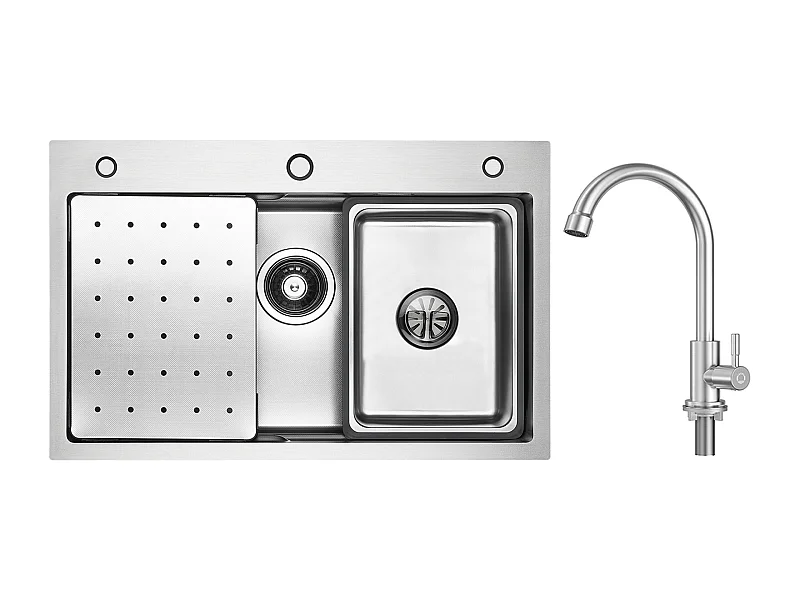 Lavello a 1 vasca 70×45 cm Lavello in acciaio inossidabile argento con gocciolatoio, vasca, dispenser di sapone + rubinetto da cucina con acqua fredda, spazzolato