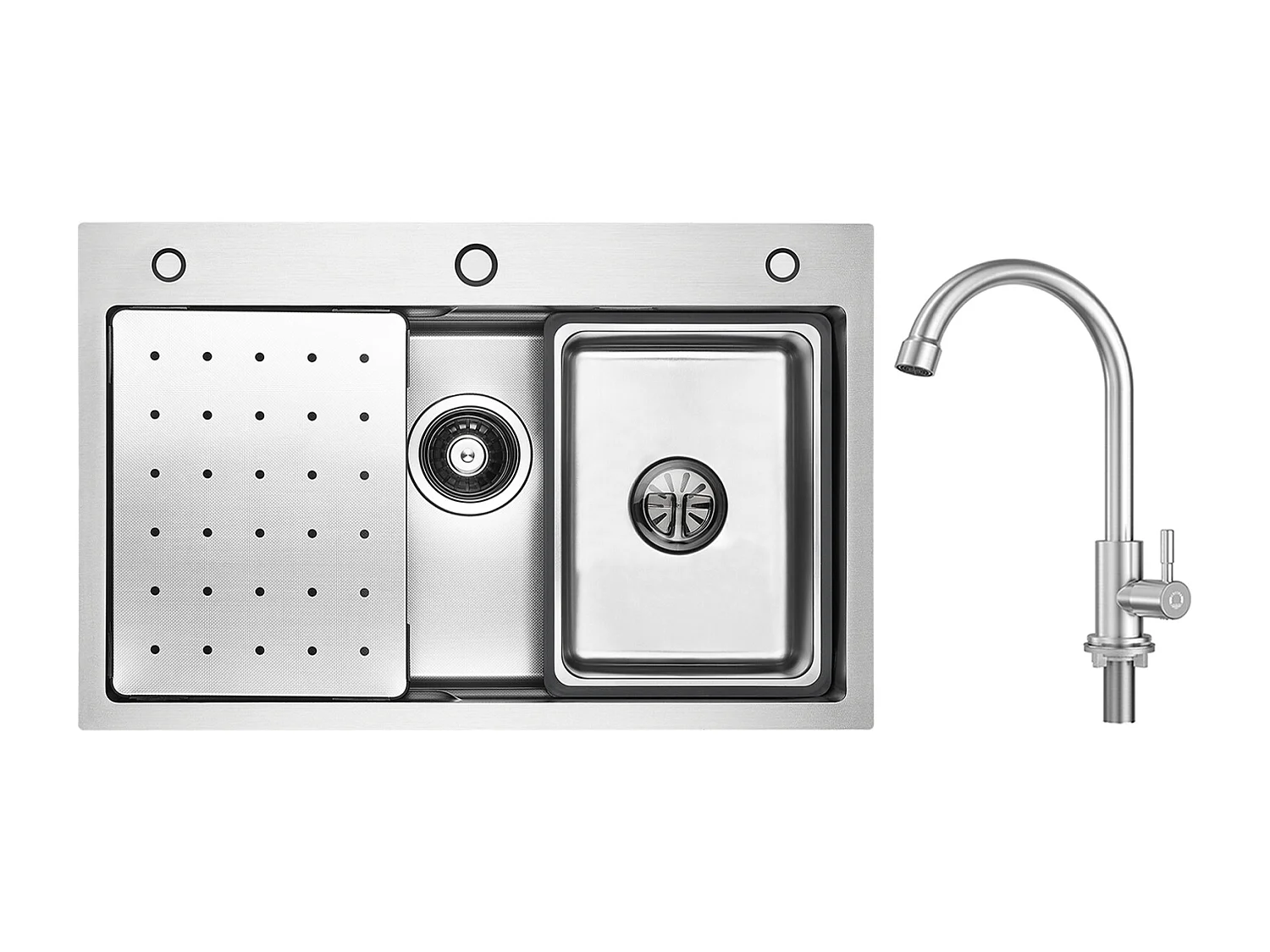 Évier 1 Bac 70×45CM Évier Inox Argent avec Egouttoir,Vasque, Distributeur de Savon + Robinet de Cuisine à eau Froide,Brossé