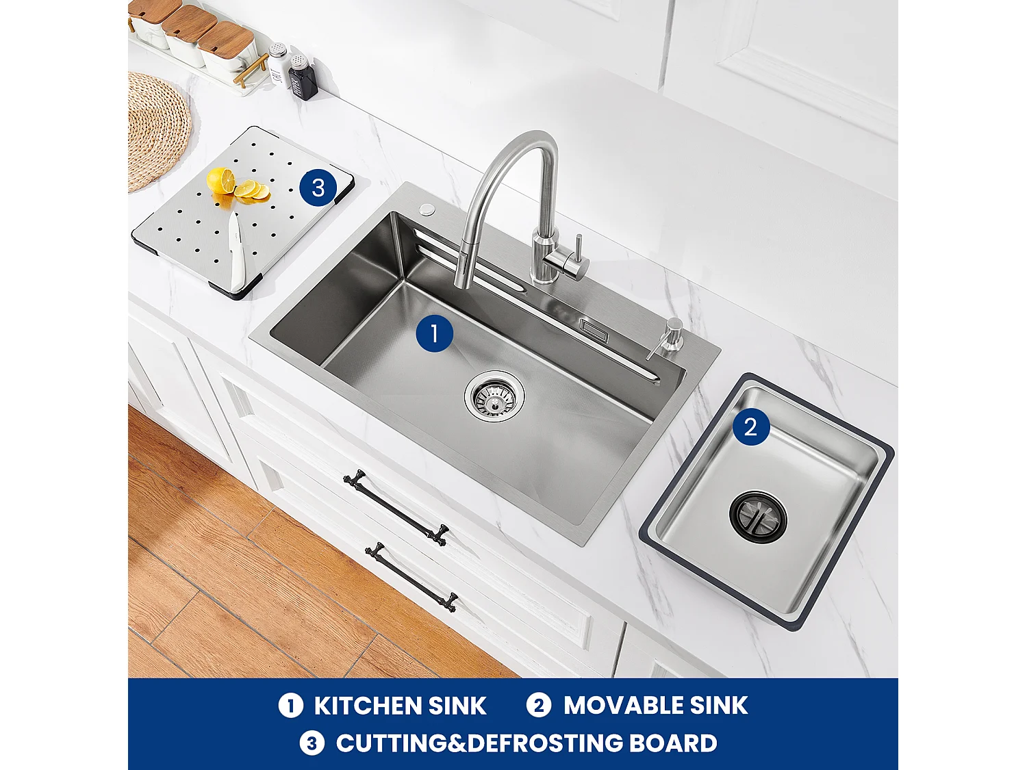 Évier 1 Bac 70×45CM Évier Inox Argent avec Egouttoir,Vasque, Distributeur de Savon + Robinet de Cuisine à eau Froide,Brossé