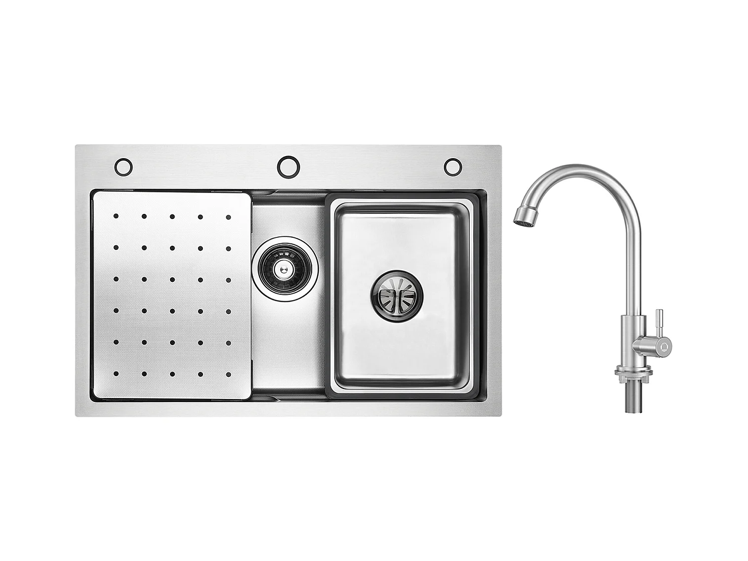Évier 1 Bac 70×45CM Évier Inox Argent avec Egouttoir,Vasque, Distributeur de Savon + Robinet de Cuisine à eau Froide,Brossé