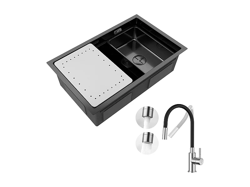 CECIPA Fregadero MAX 1 Lavabo 70×44CM Fregadero Negro con Escurridor y Lavabo + Grifo de Cocina Monomando Flexible, Grifo Extraíble Cepillado 2 Tipos de Chorros