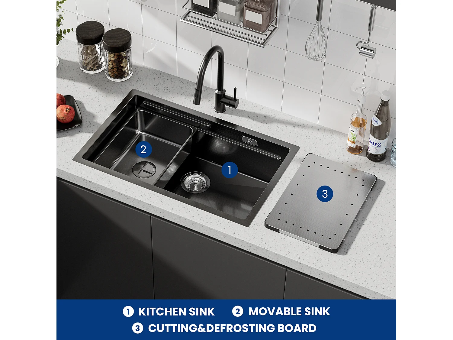 CECIPA MAX Évier 1 Bac 70×44CM Évier Noir avec Egouttoir et Vasque + Flexible Mitigeur de Cuisine, 2 Types de Jets  Robinet Extractible Brossé