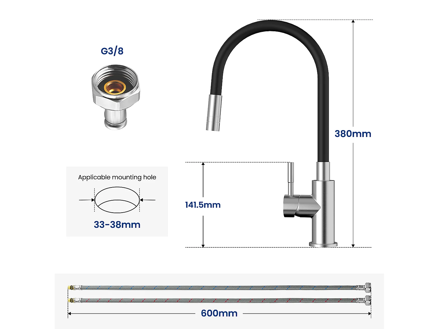 CECIPA MAX Évier 1 Bac 70×44CM Évier Noir avec Egouttoir et Vasque + Flexible Mitigeur de Cuisine, 2 Types de Jets  Robinet Extractible Brossé