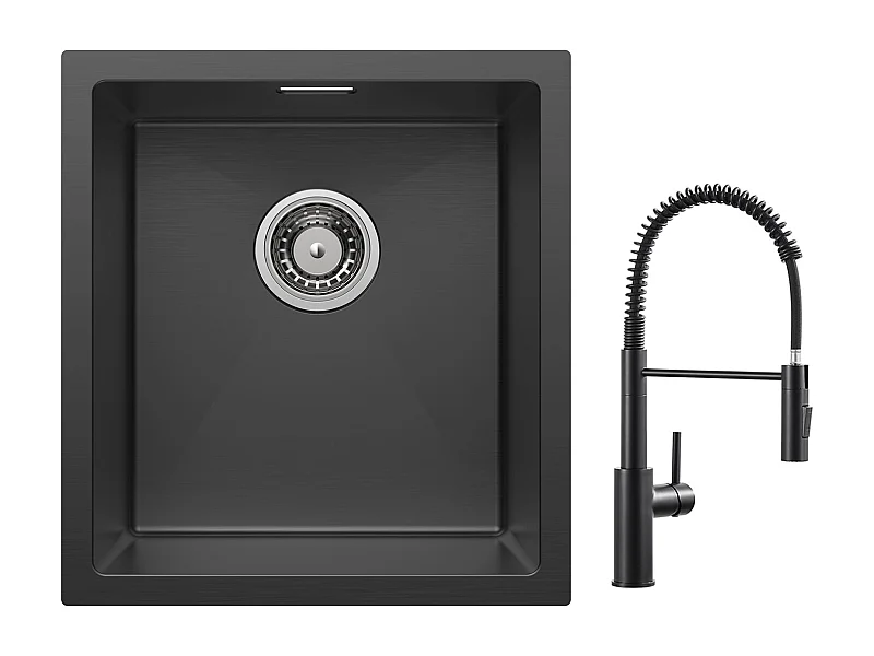 Cecipa max Évier Encastré 40*44*19 cm - Noir Évier de Cuisine 1 Bac en Acier Inoxydable + Mitigeur Cuisine à Ressort Noir avec Douchette Extractible