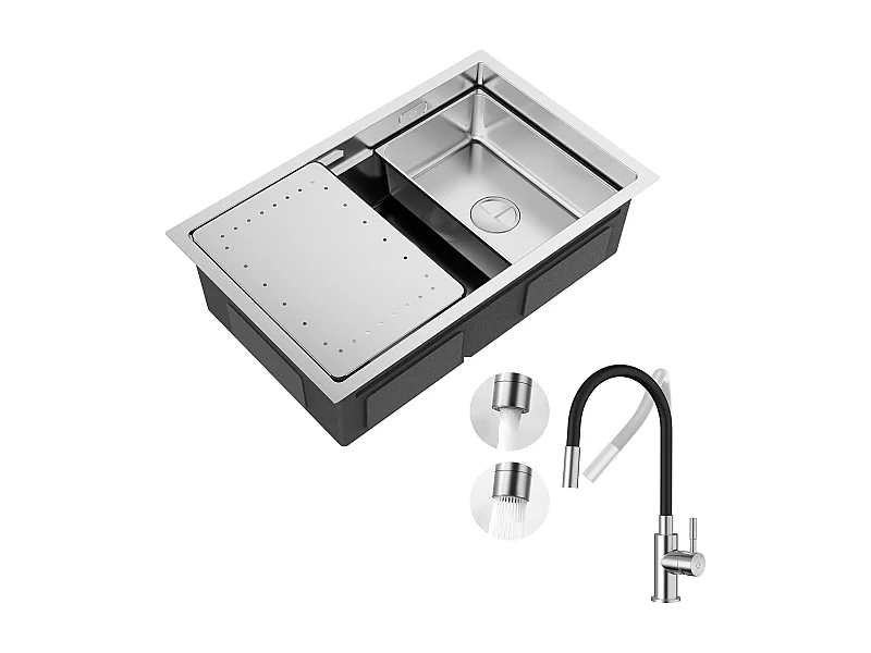 CECIPA Fregadero MAX 1 Lavabo 70×44cm Fregadero Cepillado con Escurridor y Lavabo + Mezclador de Cocina Flexible, Grifo Extraíble Cepillado 2 Tipos de Chorros