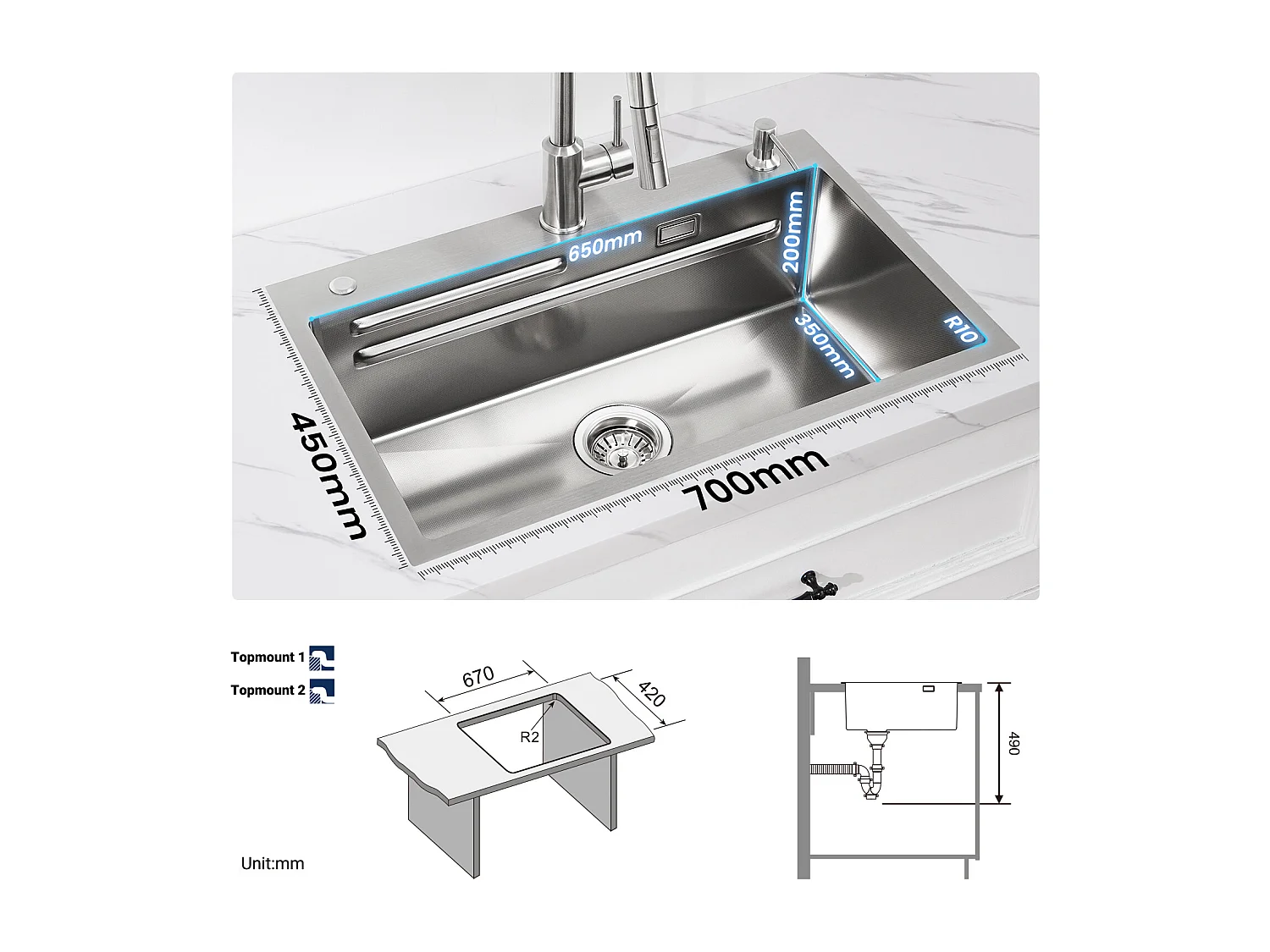 Cecipa max Évier Inox 70×45×21.5CM avec Egouttoir, Vasque et Distributeur de Savon + Mitigeur de Cuisine avec Douchette Extractible Brossé