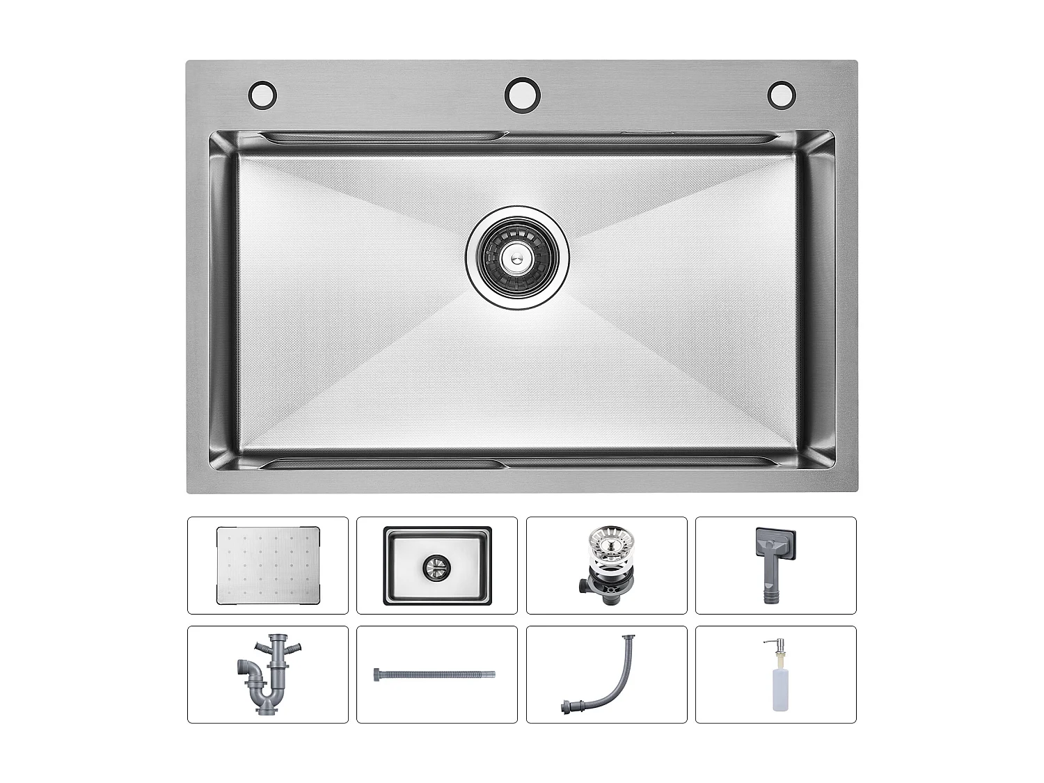 Cecipa max Évier Inox 70×45×21.5CM avec Egouttoir, Vasque et Distributeur de Savon + Mitigeur de Cuisine avec Douchette Extractible Brossé