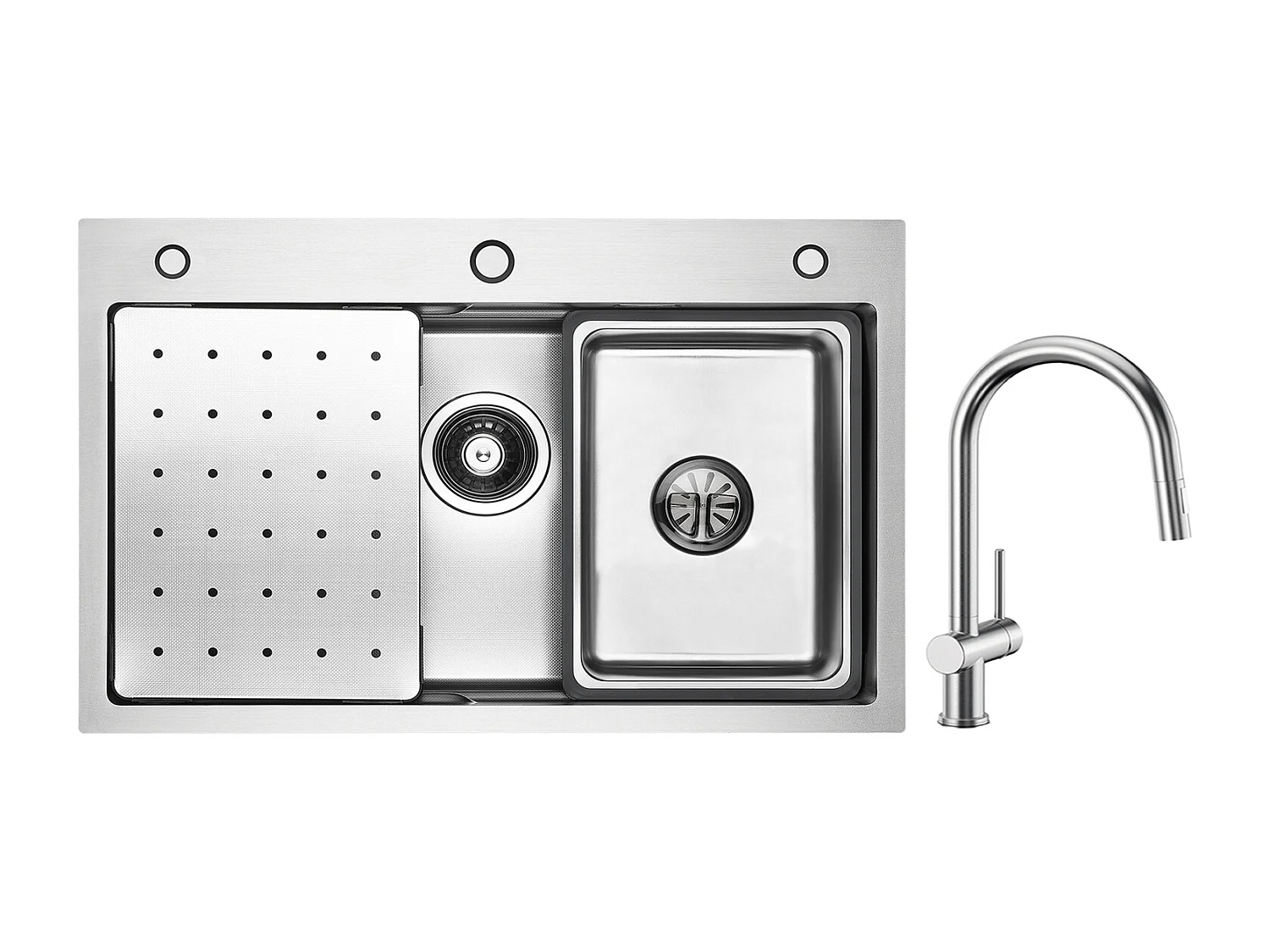 Cecipa max Edelstahlspüle 70×45×21,5CM mit Abtropffläche, Becken und Seifenspender + Küchenmischbatterie mit ausziehbarer Brause, gebürstet