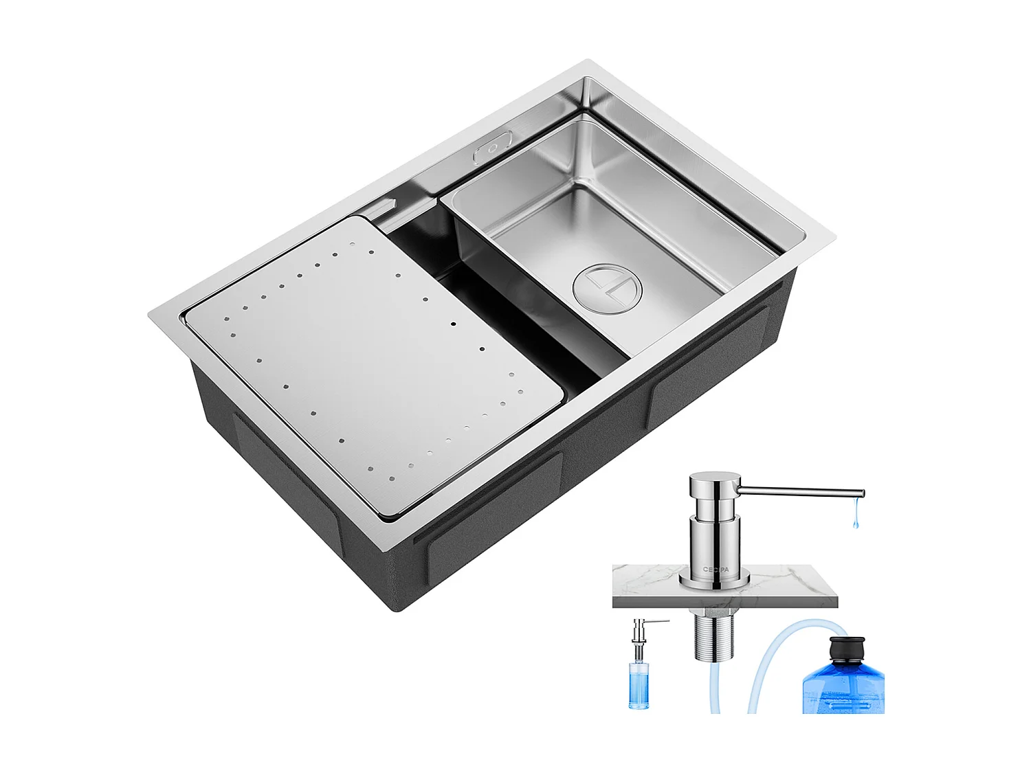 Aanrecht met 1 kom, 70×44×21 cm, geborsteld roestvrij staal, onderbouwgootsteen met afdruiprek en wastafel + 300 ml verchroomde keukenzeepdispenser