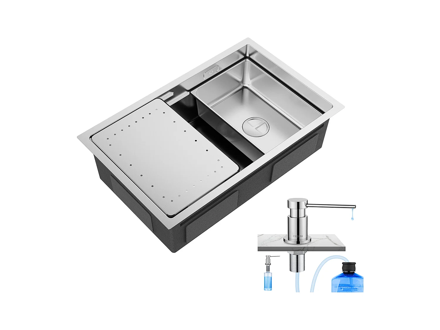 Évier Cuisine 1 Bac 70×44×21CM Évier à Encastrer Inox Brossé avec Egouttoir et Vasque + 300ML Distributeur de Savon de Cuisine Chromé
