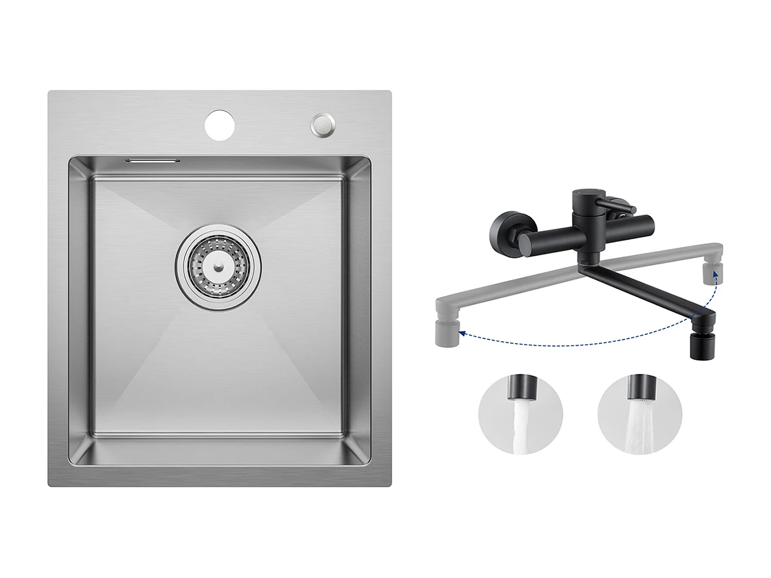 Cecipa MAX Évier Cuisine 1 Bac 40 × 45 cm Évier Inox Brossé + Mitigeur de Cuisine Mural avec 2 Jets Noir