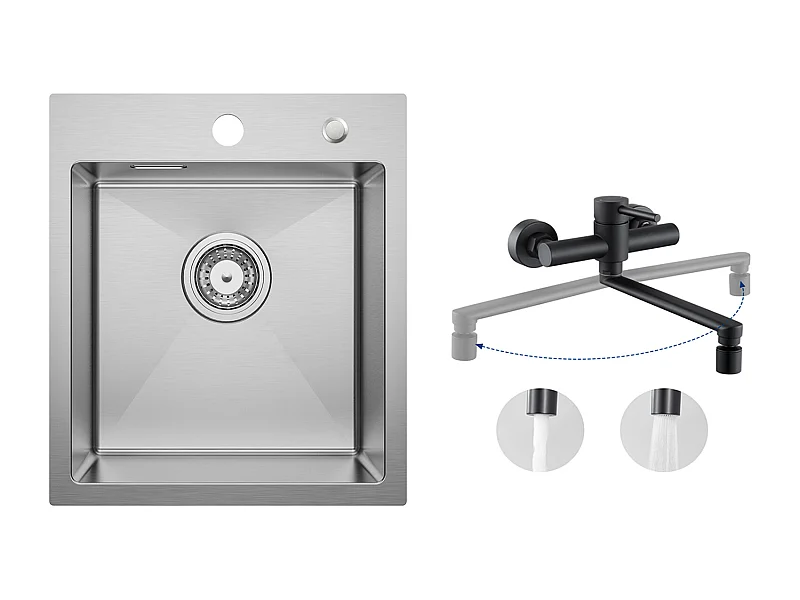 Cecipa MAX Einzelbecken-Küchenspüle 40 × 45 cm, Spüle aus gebürstetem Edelstahl + wandmontierte Küchenmischbatterie mit 2 schwarzen Düsen