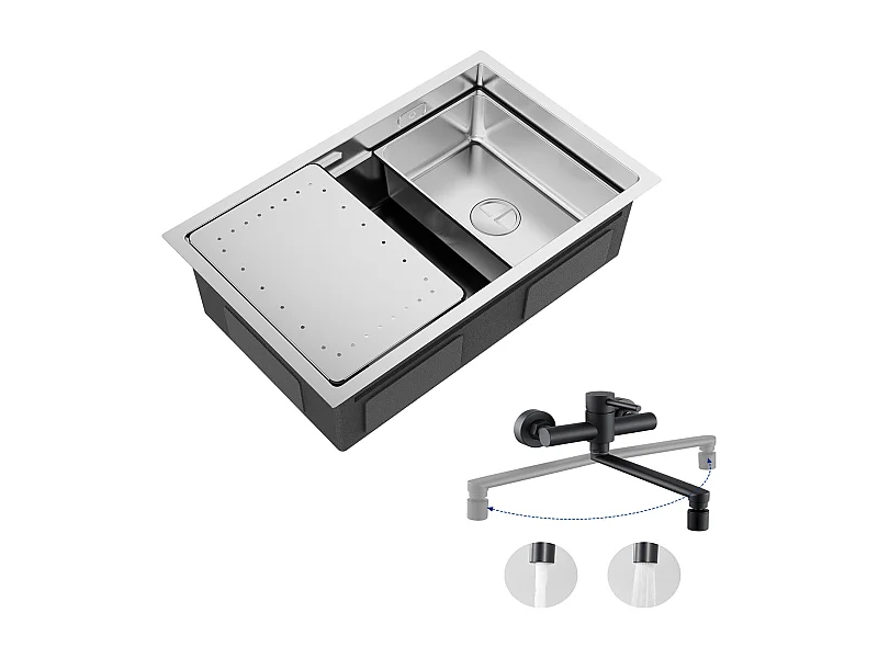 Lavello da cucina a 1 vasca 70×44×21 cm Lavello in acciaio inox spazzolato con gocciolatoio e vasca + Miscelatore da cucina a parete con 2 getti Nero