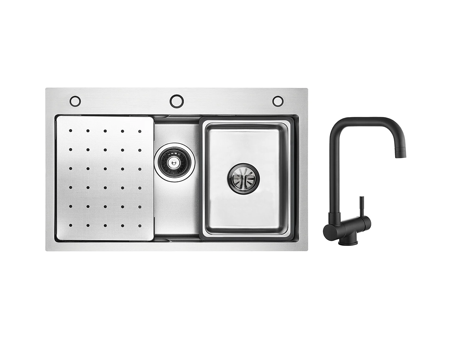 Cecipa max Évier Inox 70×45×21.5CM avec Egouttoir, Vasque et Distributeur de Savon + Mitigeur Rabattable Noir Robinet Pliable Mitigeur Sous Fenêtre