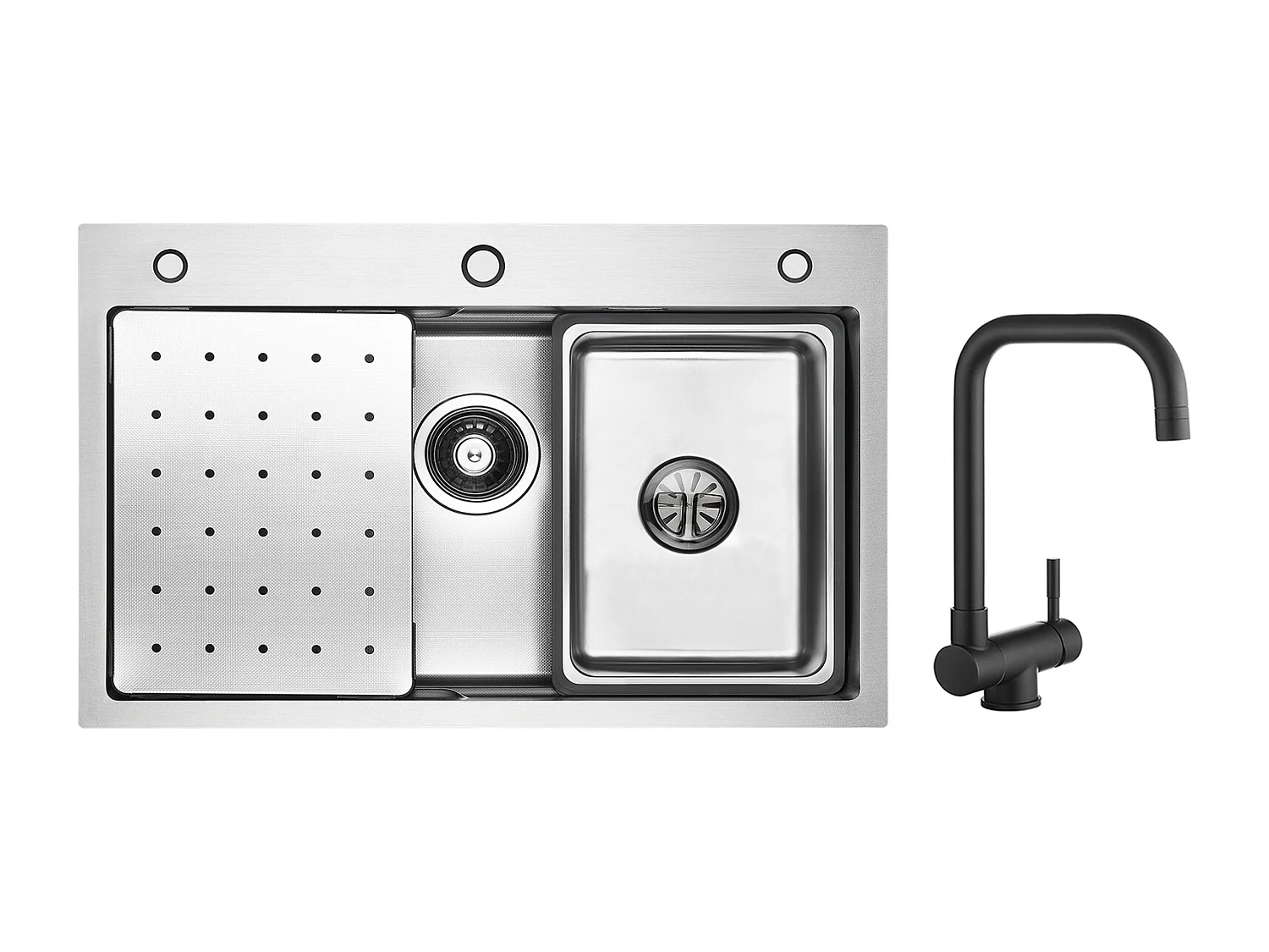 Cecipa max Évier Inox 70×45×21.5CM avec Egouttoir, Vasque et Distributeur de Savon + Mitigeur Rabattable Noir Robinet Pliable Mitigeur Sous Fenêtre