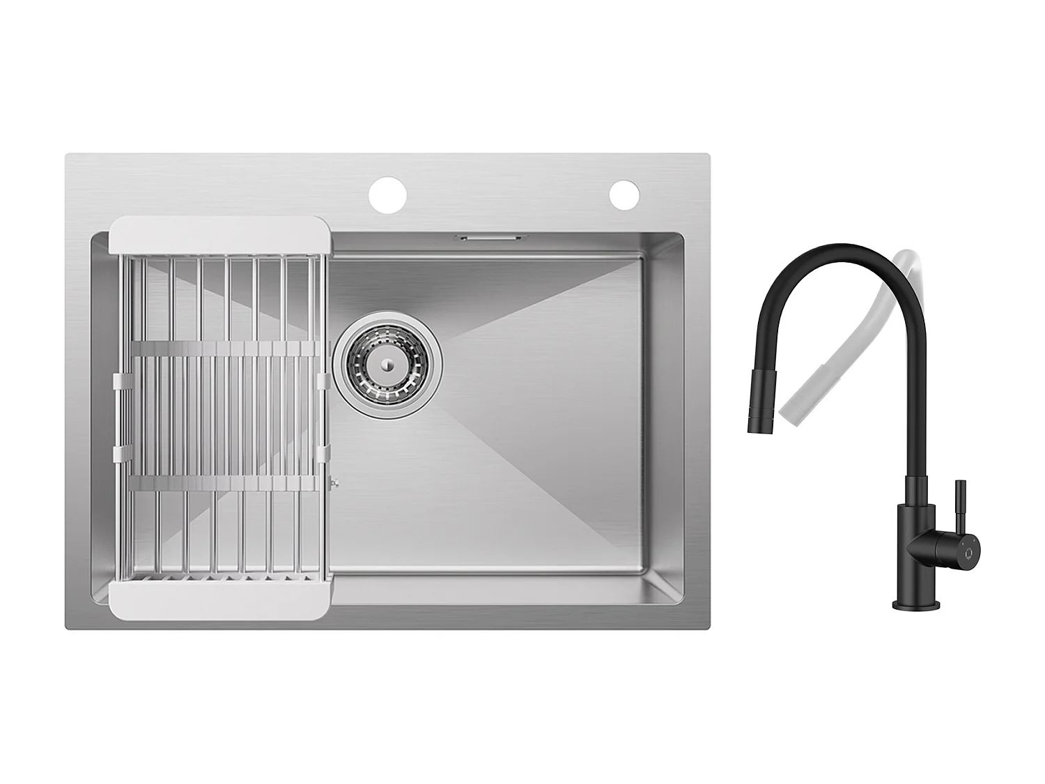 CECIPA MAX Évier 1 Bac 60×45cm Évier Inox Brossé avec Panier de Drainage + Flexible Mitigeur de Cuisine, 2 Types de Jets  Robinet Extractible Noir