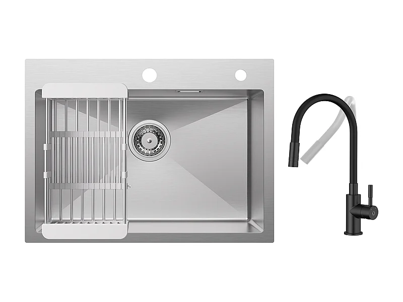 CECIPA MAX Évier 1 Bac 60×45cm Évier Inox Brossé avec Panier de Drainage + Flexible Mitigeur de Cuisine, 2 Types de Jets  Robinet Extractible Noir