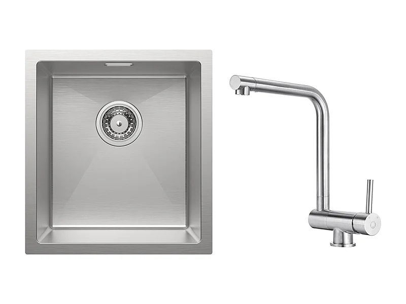 Cecipa MAX Évier de Cuisine 1 Bac 40x44x19 cm Évier Inox Brossé + Mitigeur de Cuisine Rabattable Brossé