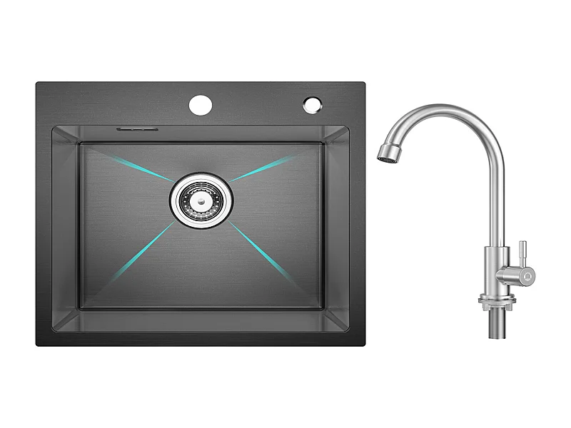 Cecipa MAX Fregadero de Cocina 1 Seno 50×45×18.5CM Fregadero de Acero Inoxidable Negro + Grifo de Cocina de Agua Fría, Cepillado