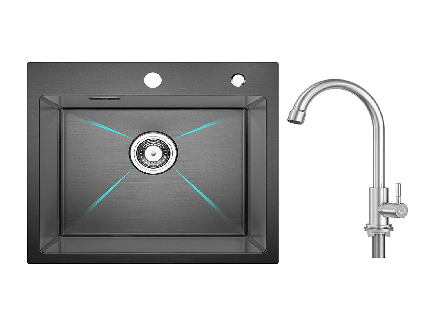 Cecipa MAX Fregadero de Cocina 1 Seno 50×45×18.5CM Fregadero de Acero Inoxidable Negro + Grifo de Cocina de Agua Fría, Cepillado