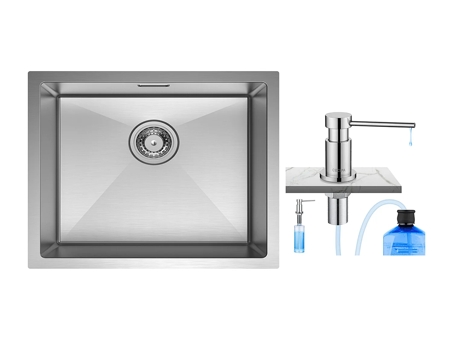 CECIPA MAX Évier de Cuisine 1 Bac Brossé Évier Inox Évier Encastré - 50*44CM + 300ML Distributeur de Savon de Cuisine Chromé