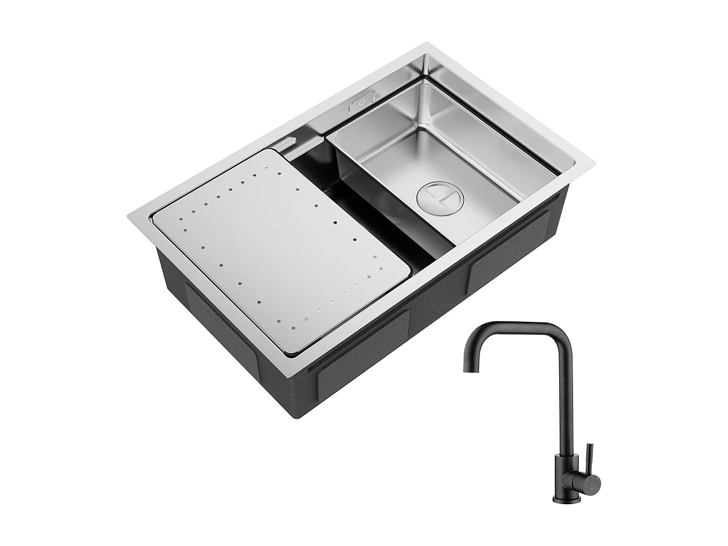 Évier Cuisine 1 Bac 70×44×21CM Évier Inox Brossé avec Egouttoir et Vasque + Mitigeur de Cuisine en Inox Noir étoilé avec Bec Haut et Incurvé