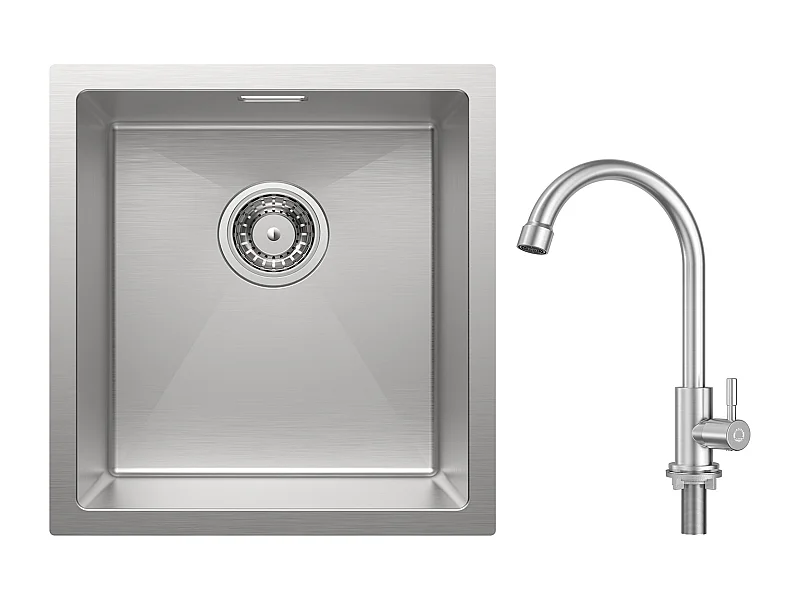 Cecipa MAX Fregadero de Cocina 1 Seno 40x44x19 cm Fregadero de Acero Inoxidable Cepillado + Grifo de Cocina de Agua Fría, Cepillado