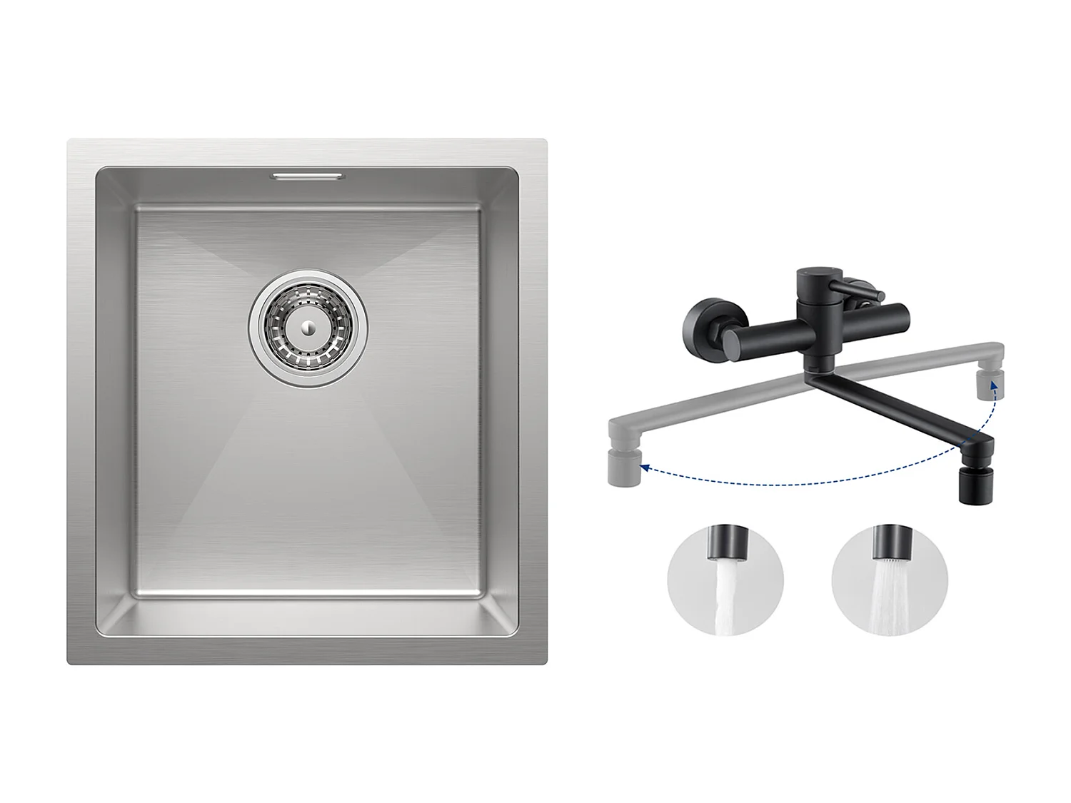 Cecipa MAX Évier de Cuisine 1 Bac 40x44x19 cm Évier Inox Brossé + Mitigeur de Cuisine Mural avec 2 Jets Noir