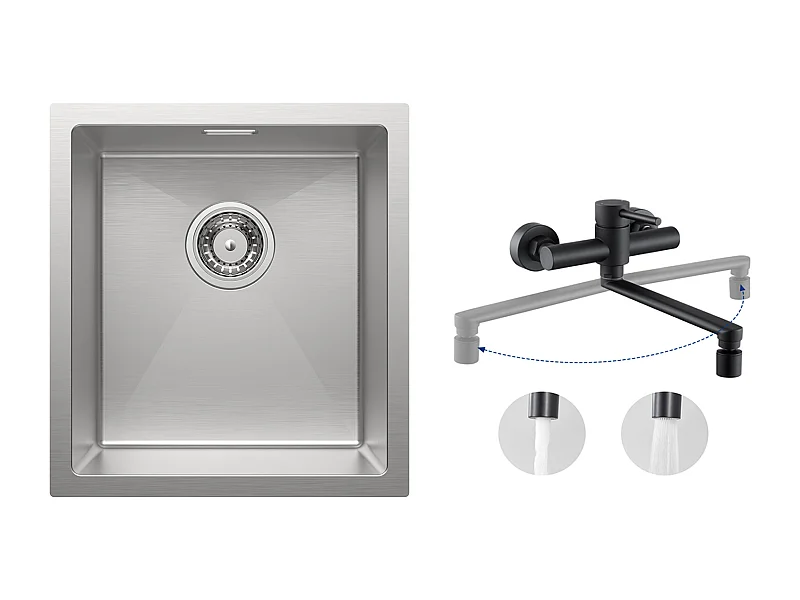 Cecipa MAX Évier de Cuisine 1 Bac 40x44x19 cm Évier Inox Brossé + Mitigeur de Cuisine Mural avec 2 Jets Noir