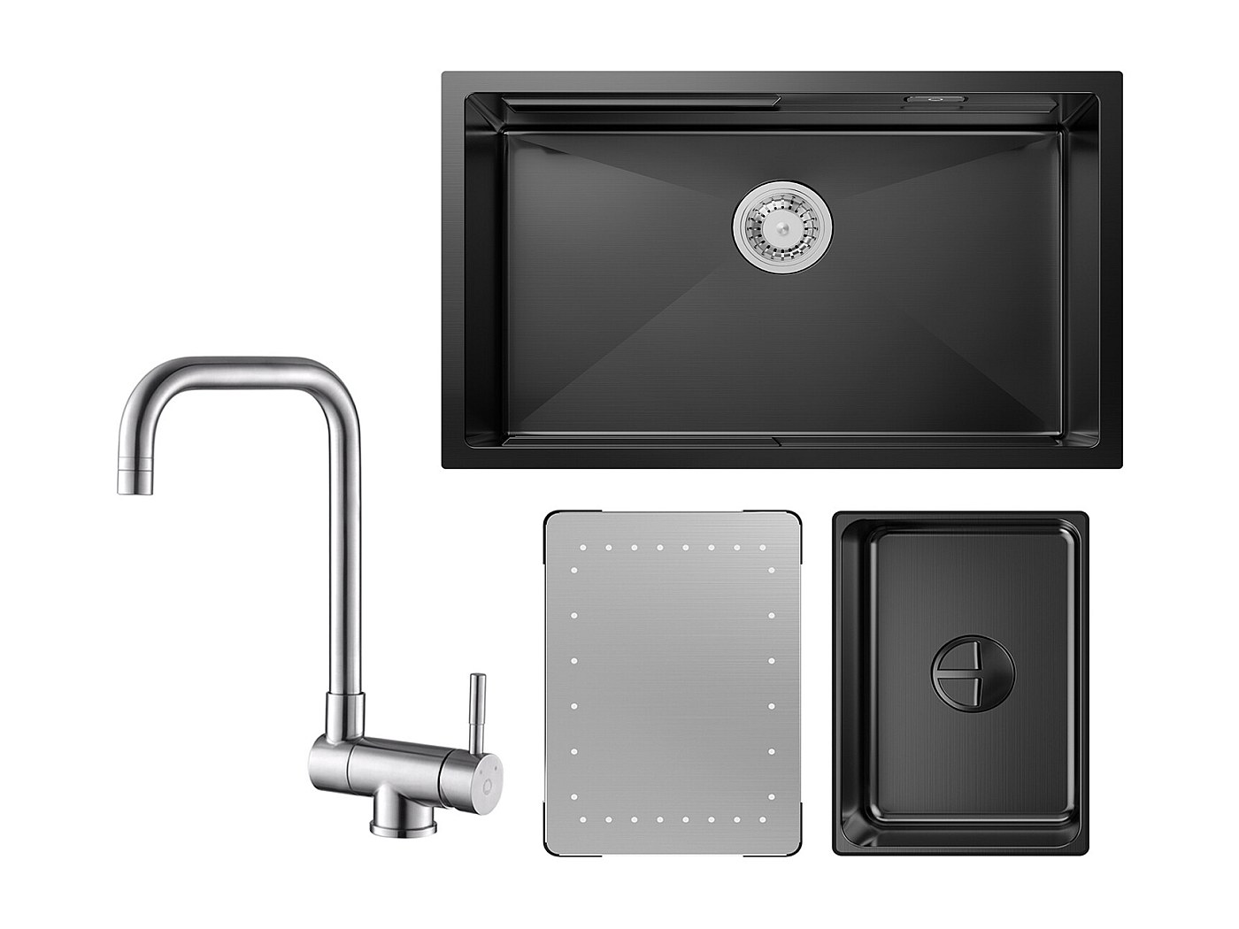 Fregadero De Cocina Negro Acero Inoxidable 55x45 Cm - Con Grifo Extensible, Escurridor Y Accesorios