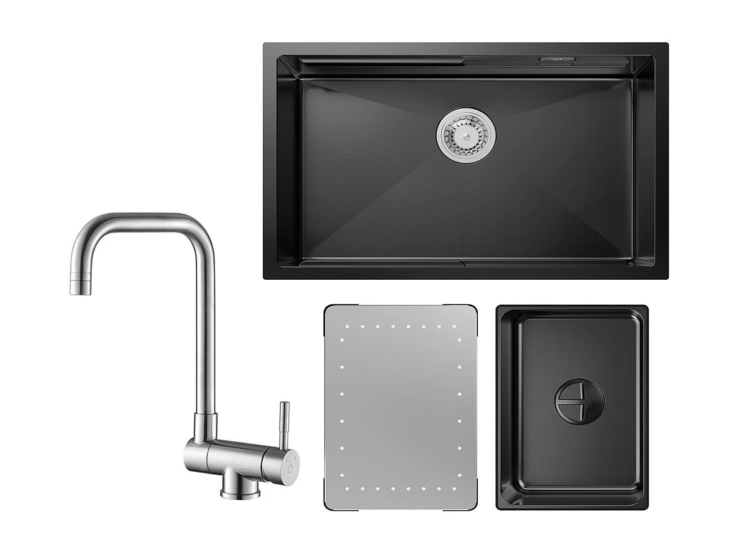 Cecipa max Évier 1 Bac 70×44CM Évier à Encastrer Noir avec Egouttoir et Vasque + Robinet Cuisine Rabattable Mitigeur Repliable devant Fenêtre Brossé