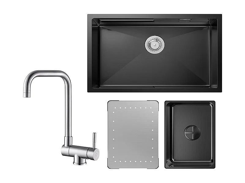 Cecipa max Évier 1 Bac 70×44CM Évier à Encastrer Noir avec Egouttoir et Vasque + Robinet Cuisine Rabattable Mitigeur Repliable devant Fenêtre Brossé