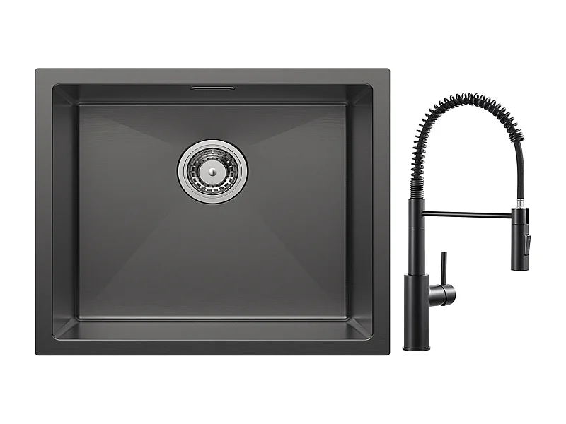 Lavello Cucina Cecipa Max 1 Vasca 50*44cm Lavello Cucina Acciaio Inox Antracite Nero Lavello Incasso + Miscelatore Cucina Molla Nera con Doccetta Estraibile