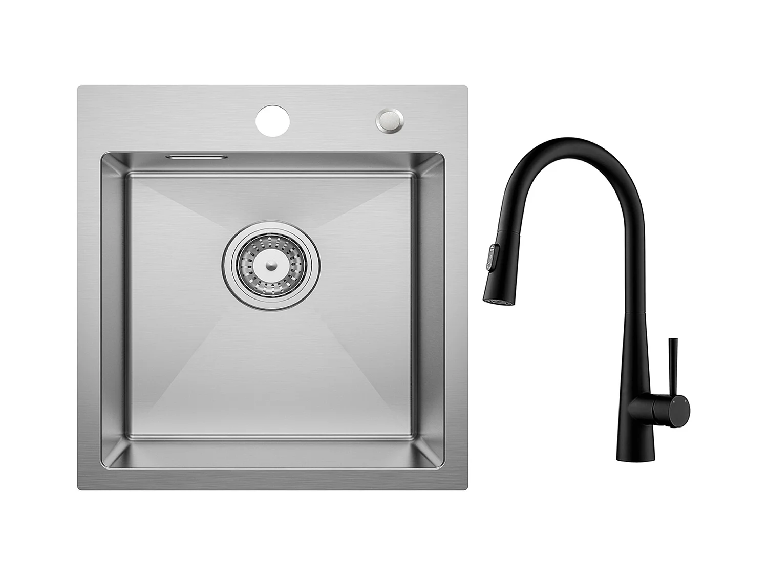 Cecipa max Évier 1 Bac 40 × 45cm Évier Inox Évier Encastré Brossé + Mitigeur de Cuisine avec Douchette Extractible, 3 Modes de Sortie D'eau, Noir
