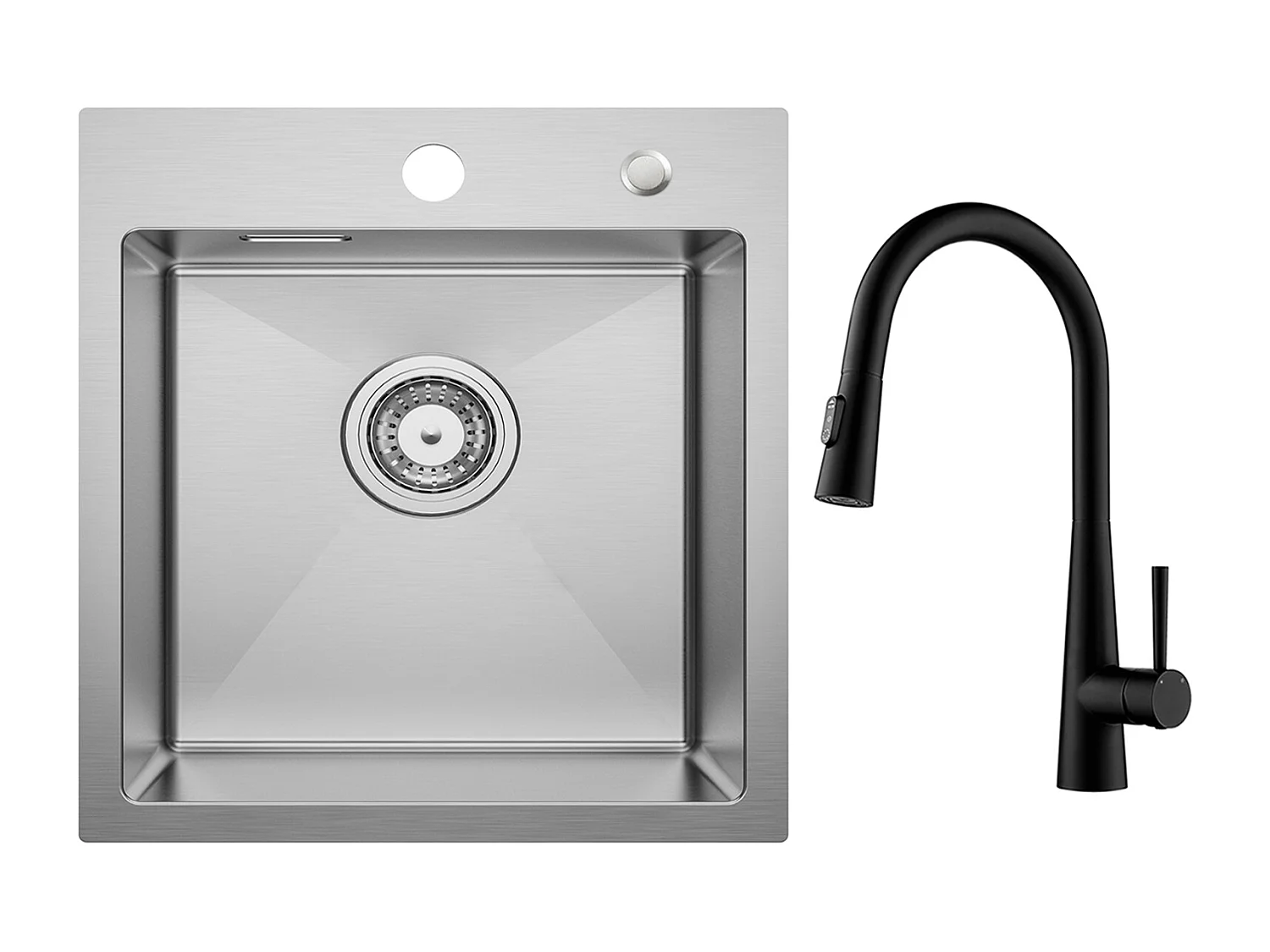 Cecipa max 1 wastafel 40 x 45 cm roestvrijstalen spoelbak geborsteld ingebouwde spoelbak + keukenmengkraan met uittrekbare straal, 3 waterafvoermodi, zwart