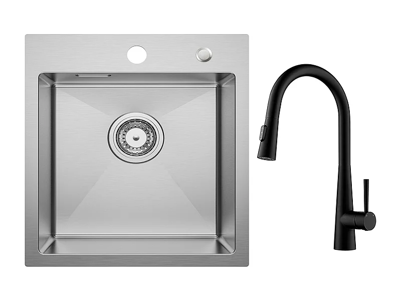 Cecipa max Einzelspüle 40 × 45 cm, Edelstahlspüle, gebürstete Einbauspüle + Küchenmischbatterie mit ausziehbarer Brause, 3 Wasserauslassmodi, Schwarz