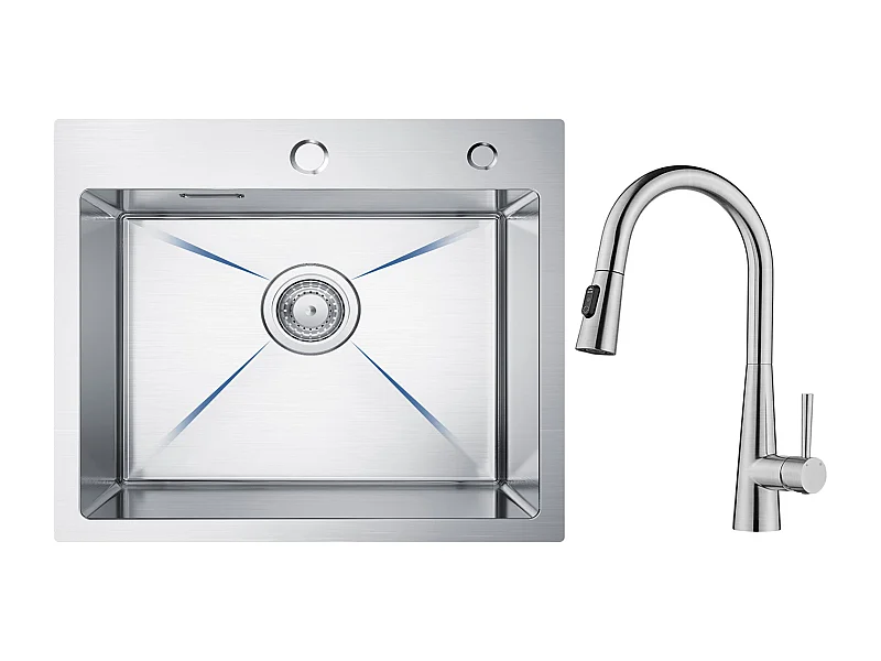 Cecipa max Évier Inox Évier Cuisine 1 Bac 50 × 45 cm Évier de Cuisine Brossé + Mitigeur avec Douchette Extractible, 3 Modes de Sortie D'eau, Brossé