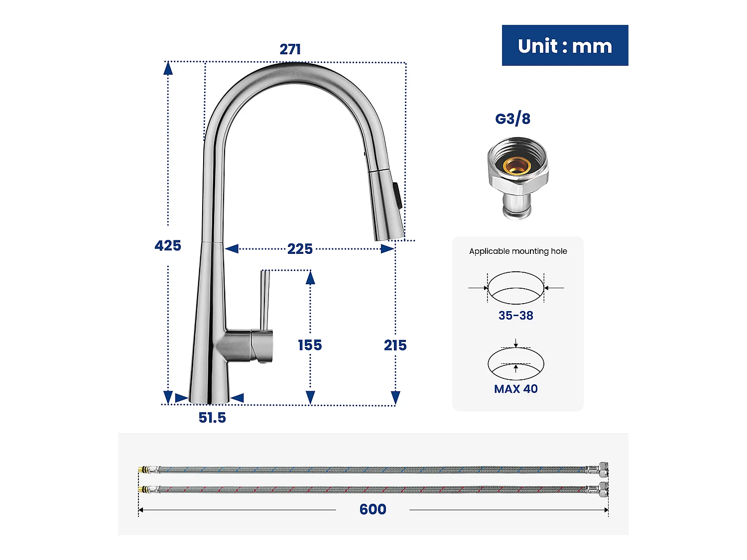 Cecipa max Évier Inox Évier Cuisine 1 Bac 50 × 45 cm Évier de Cuisine Brossé + Mitigeur avec Douchette Extractible, 3 Modes de Sortie D'eau, Brossé