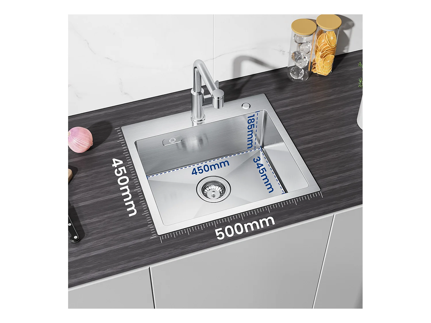 Cecipa max Évier Inox Évier Cuisine 1 Bac 50 × 45 cm Évier de Cuisine Brossé + Mitigeur avec Douchette Extractible, 3 Modes de Sortie D'eau, Brossé
