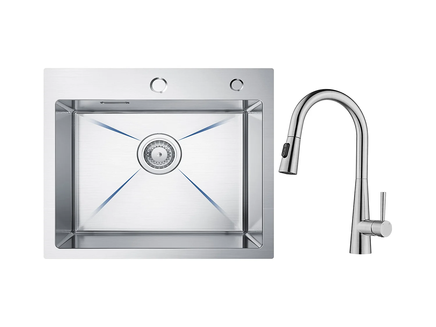 Cecipa max Évier Inox Évier Cuisine 1 Bac 50 × 45 cm Évier de Cuisine Brossé + Mitigeur avec Douchette Extractible, 3 Modes de Sortie D'eau, Brossé